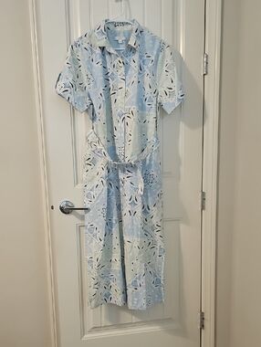 Ann Taylor Light Blue and White Printed Button-Front Shirt Dress
